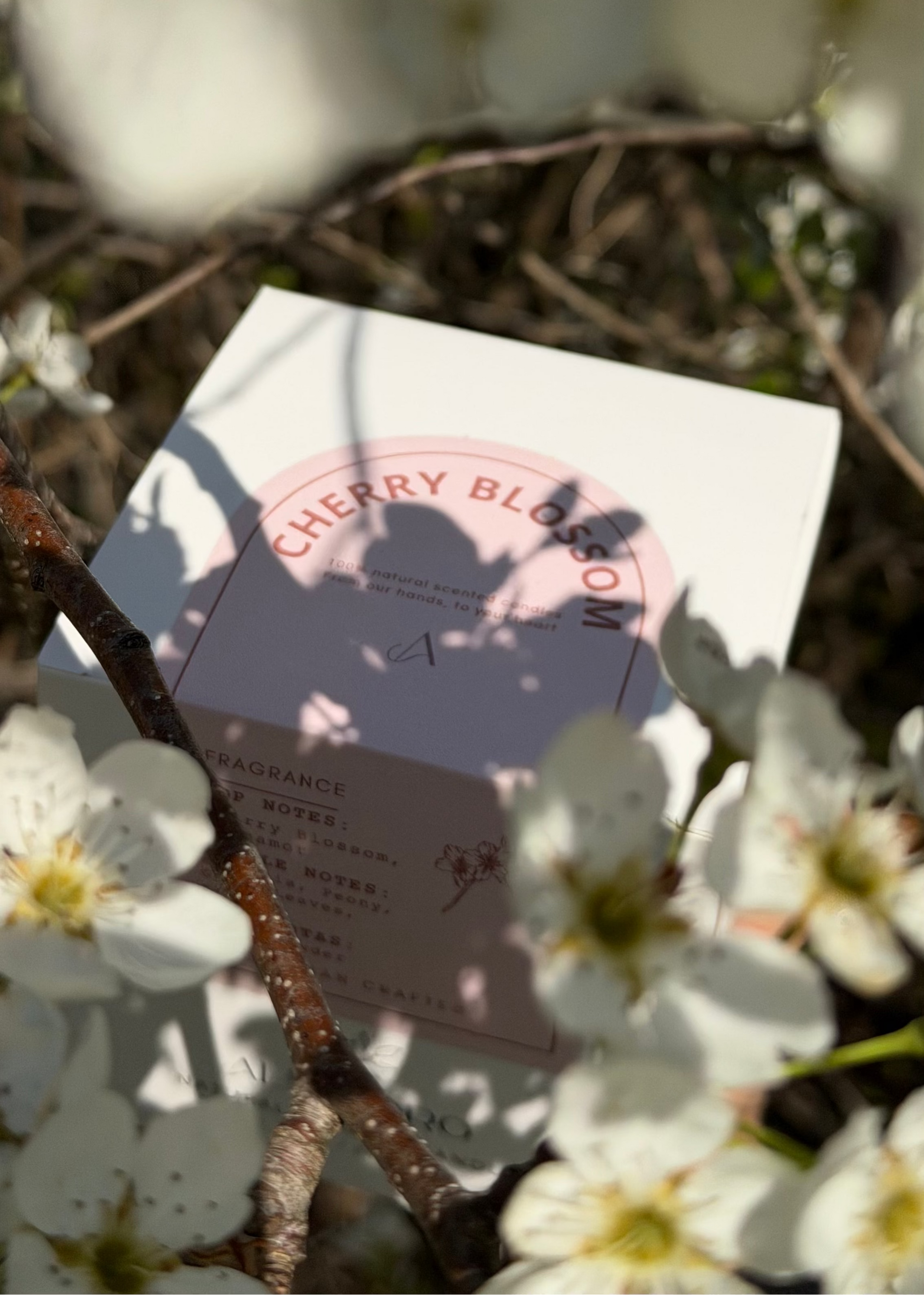 Product packaging with cherry blossom design surrounded by white flowers